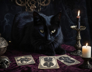 A black magical cat sits on a table among magical paraphernalia and reads fortunes using tarot cards.