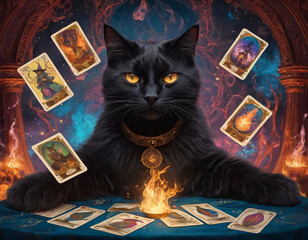 A black magical cat sits on a table among magical paraphernalia and reads fortunes using tarot cards.