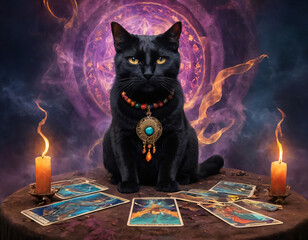 A black magical cat sits on a table among magical paraphernalia and reads fortunes using tarot cards.