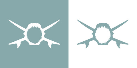 Logo club de surf. Silueta de mandíbula de tiburón sobre tablas de surf cruzadas - obrazy, fototapety, plakaty