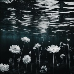 black and white flowers floating underwater  .Generative AI