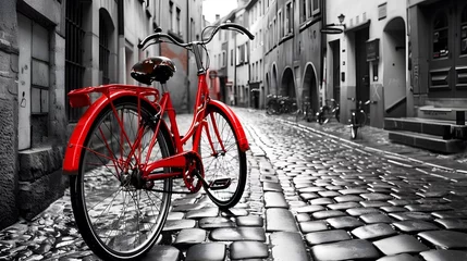 Zelfklevend Fotobehang Retro vintage red bike on cobblestone street in the old town. Color in black and white. Old charming bicycle concept. © Lucky Ai