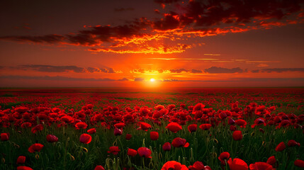 Fototapeta premium Beautiful field of red poppies in sunset light