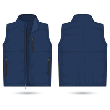 Modern blue vest mockup front and back view, vector illustration