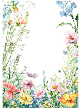 Watercolor garden border with mix of flowers
