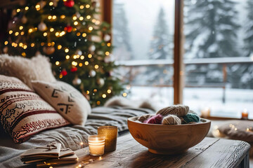 a wooden bowl with woolen yarn balls inside standing on atable in a cozy living room at christmas time, outside is a snow covered landscape, still life