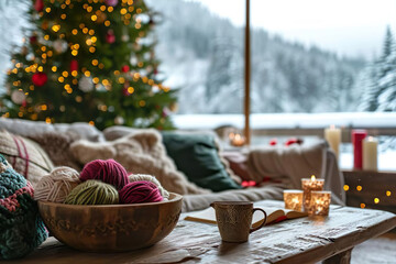 a wooden bowl with woolen yarn balls inside standing on atable in a cozy living room at christmas time, outside is a snow covered landscape, still life