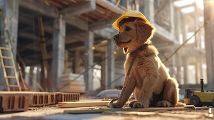 a dog sitting in a hard hat while looking at construction materials
