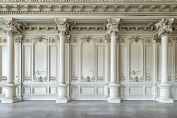 Classic white columned wall with intricate paneling and crown moldings in a lavish hall, embodying the architectural magnificence of neoclassical design