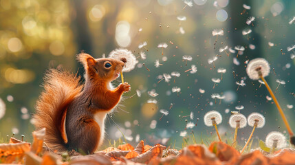Fototapeta premium Whimsical autumn scene as a squirrel puffs away a dandelion’s wisps, with golden sunlight filtering through