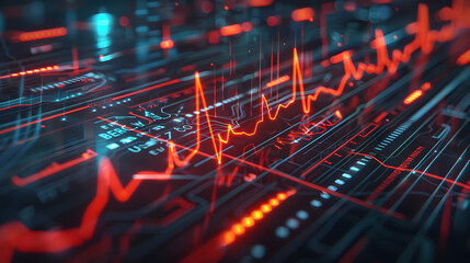 Digital electrocardiogram (EKG) display showing the erratic peaks of an irregular in red color heartbeat, set against a backdrop of advanced cardiac monitoring technology. - obrazy, fototapety, plakaty