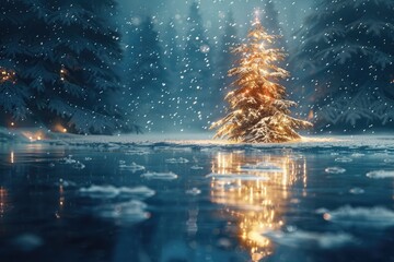  Snow Covered Christmas Tree that stands out brightly against the dark blue tones of this frozen lake .