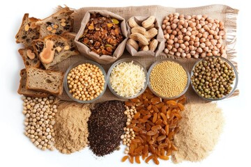 A grocery bag with various vegan foods, overhead shot Isolated on solid white background