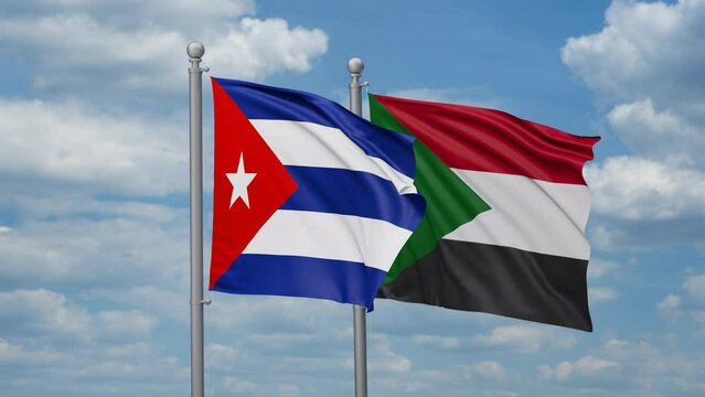 Sudan and Cuba two flags waving together, looped video, two country cooperation concept