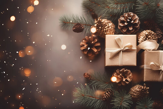 christmas and new year background - gift boxes and pine cones and branches on the background of bokeh garlands