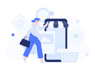 Holiday shopping people doing e-commerce online shopping flat vector concept operation hand drawn illustration

