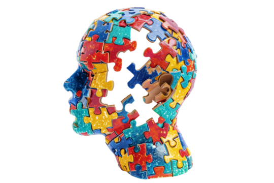 Human head in colourful puzzle isolated on transparent background