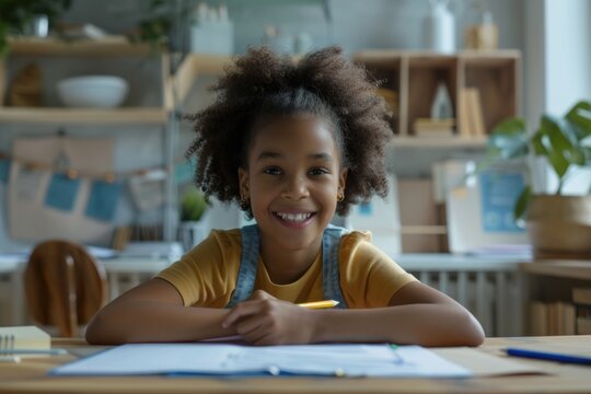 A happy smiling child sitting at her desk and doing a homework