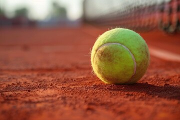 a tennis ball on a red sand tennis court - closeup