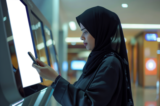 A Muslim Woman with a telephone using a self-service desk with a Blank screen, Mockup