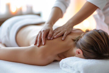 Fototapeta na wymiar Professional Masseur Massaging Back of Young Woman Lying on Massage Table