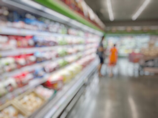 Blurred supermarket, grocery with customers shopping, bokeh light background.