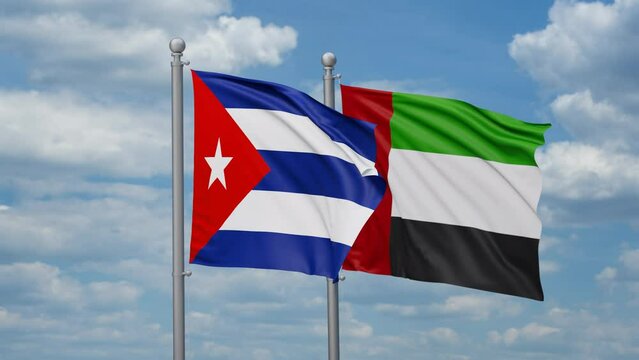 United Arab Emirates and Cuba two flags waving together, looped video, two country cooperation concept