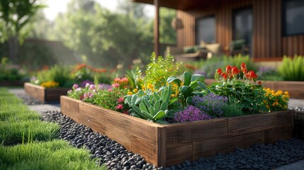 Lush Backyard Garden Beds, Vibrant flowers bloom in raised wooden garden beds, adding a splash of color and life to a beautifully landscaped backyard