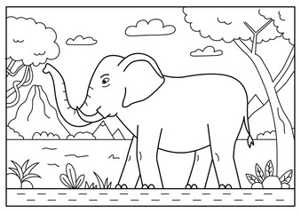 Elephant in Africa. Black and white vector illustration for coloring book.