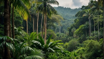 Fototapeta na wymiar tropical forest in the jungle, tropical jungle with tropical green trees, green tropical landscape
