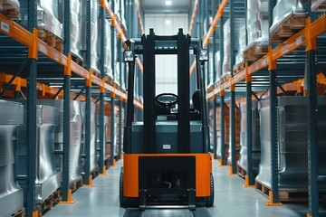 Automated Forklift doing storage in a warehouse - obrazy, fototapety, plakaty