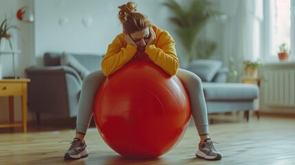 Workout Frustration at Home, woman in a moment of distress while exercising at home, her head...