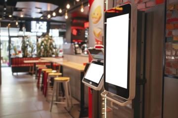 Blank display of self-service screen with touch screen in fast food restaurant