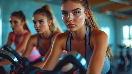 Fototapeta na wymiar Focused Fitness Session, Three determined women in sportswear pedal on stationary bikes in a gym, showcasing their commitment to health and fitness