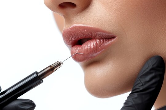 Beautician is contouring the woman's lips with hyaluronic acid filler Isolated on white background