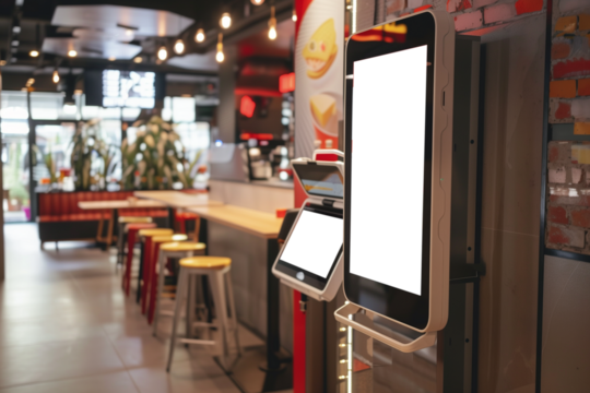 Blank display of self-service screen with touch screen in fast food restaurant