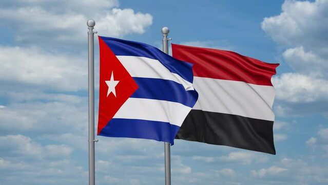 Yemen and Cuba two flags waving together, looped video, two country cooperation concept