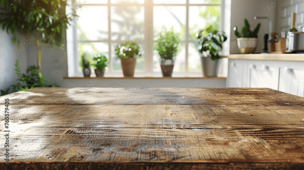 Poster a wooden table with potted plants on it. the plants are in various sizes and are placed in different