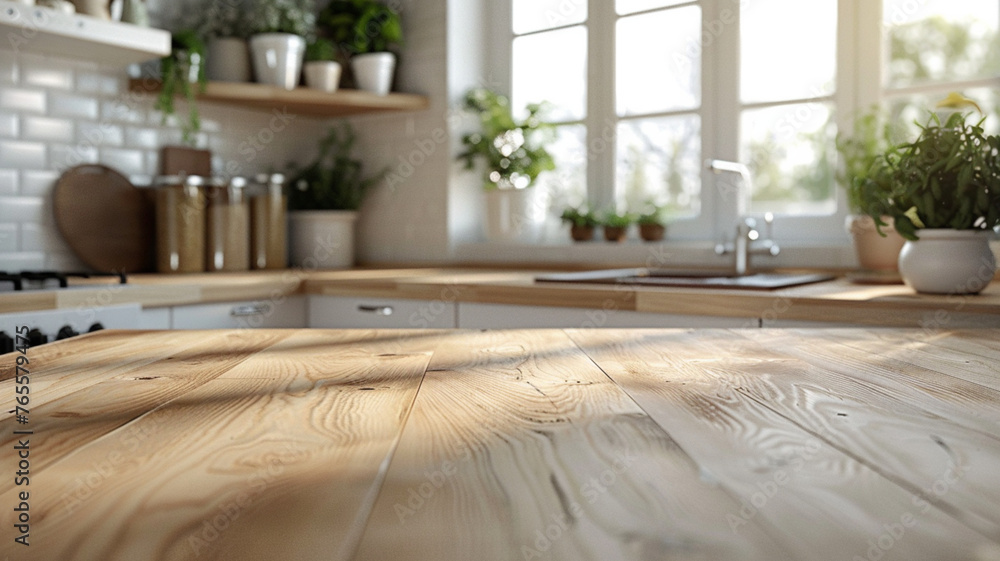 Poster A kitchen with a wooden countertop and a window. The countertop is empty and the window lets in sunlight