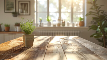 A potted plant sits on a wooden table in a sunlit room. The plant is a small herb plant, and it is placed in a vase. The room has a warm and inviting atmosphere