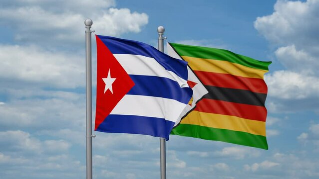 Zimbabwe and Cuba two flags waving together, looped video, two country cooperation concept