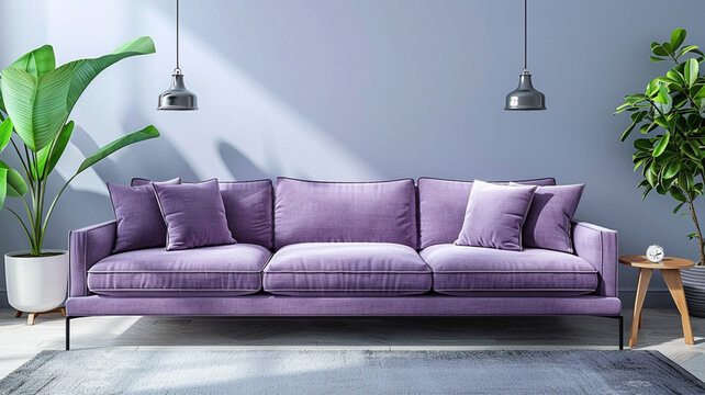 A large purple couch sits in a room with a green plant and two lamps. The room has a modern and minimalist design, with a white wall and a wooden coffee table