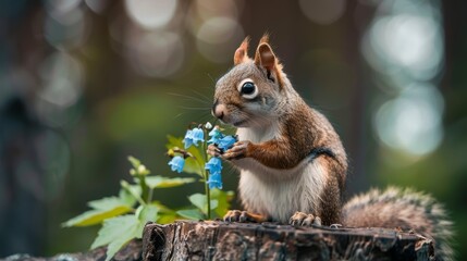 Naklejka na ściany i meble Amidst a blurred green forest, a curious squirrel explores the tender petals of blue spring flowers