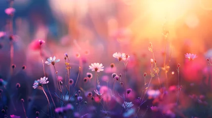 Foto op Canvas Beautiful field of daisy flowers in sunset light © ZayNyi