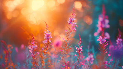 Beautiful field of purple flowers in sunset light - obrazy, fototapety, plakaty