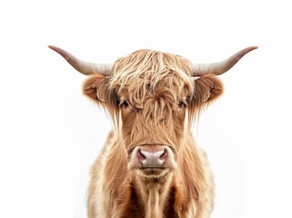 A brown cow with long hair stands in front of a plain white backdrop