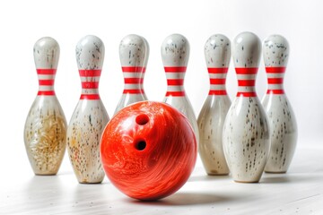 Bowling ball hitting pins scoring a strike Isolated on white background