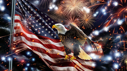 4th of july, american flag with eagle and fireworks