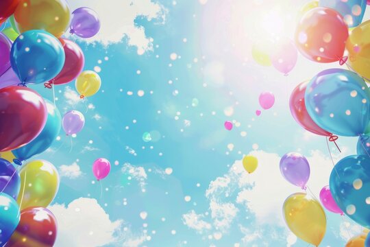 party frame of balloons fly blue cloudy white sky
