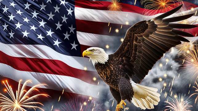 4th of july, american flag with eagle and fireworks